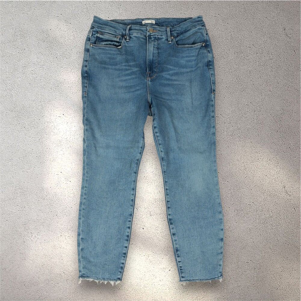 Good American High Rise Straight Crop Jeans Women's 16 Light Wash Frayed Hem EUC